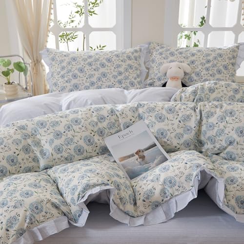 Blue Floral Duvet Cover King Size - 100% Cotton Dandelion Flower Comforter Cover with Romantic Ruffle Lace, Coquette Aesthetic Floral Bedding Set Wildflower Botanical Duvet Cover with Zipper Closure
