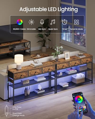 SONGMICS Console Table with Power Outlets and LED Lights, 3 Fabric Drawers