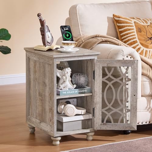 Joaxswe Narrow Side Table with Charger, Glass Door Storage