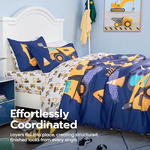 Joiedomi Kids Comforter Set Bedding Set for Boys Girls Super Soft Microfiber Bed in a Bag with Comforter Sheets Pillowcase Sham, Dark Blue Construction Vehicle, Twin