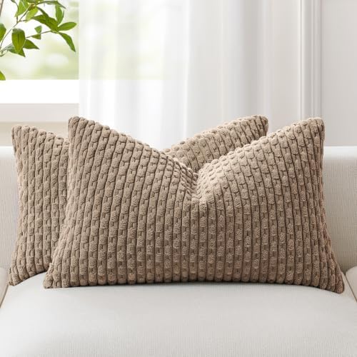 Kevin Textile Soft Corduroy 12"x20" Lumbar Pillow Covers 2 Pack Light Brown