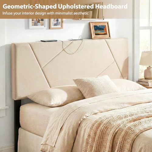 Giantex Headboard with Charging Station, Queen/Full Size Geometric Tufted Upholstered Head Board w/2 AC Outlets, USB & Type-C Port, Rubber Wood Legs, Width Adjustable Modern Bed Headboard Only (Beige)