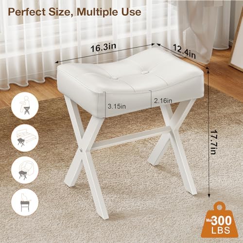 Memobarco 18-Inch Leather Vanity Stool Chair, White Makeup Stool
