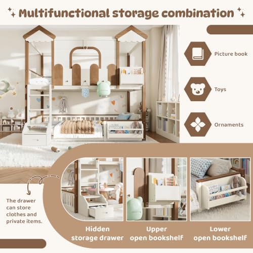 Full Over Full Size House-Shaped Wooden Bunk Bed Frame with Storage Bookshelf & Drawer & Roof & Windows, Detachable Design Bunk Bed, No Box Spring Required, Easy Assembly, for Bedroom, Beige