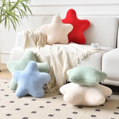 Star Pillow, Decorative Throw Pillows for Bed Couch, 15" Star Shaped Pillow Plush Floor Cushions Room Decor Pillow with Faux Rabbit Fur for Sofa Bedroom Living Room (Red, 19.6" x 19.6")