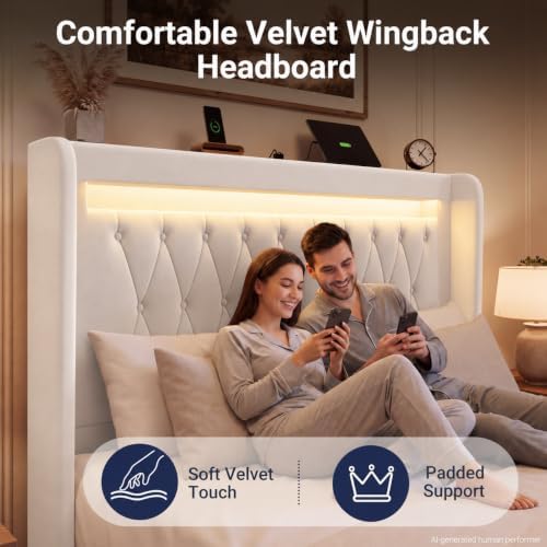 Allewie Full Size Upholstered Bed Frame with LED & Charging Station, White