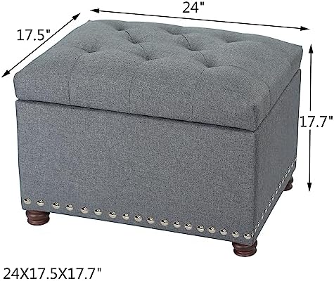 Adeco Classy Linen Blend Fabric Accents Rectangular Storage Bench Ottoman Footstool, Footrest Side Table for Living Room Bedroom, Gray