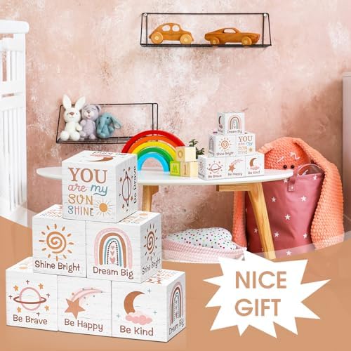 6 Pcs Nursery Shelf Decor Baby Wooden Blocks, Rainbow Style