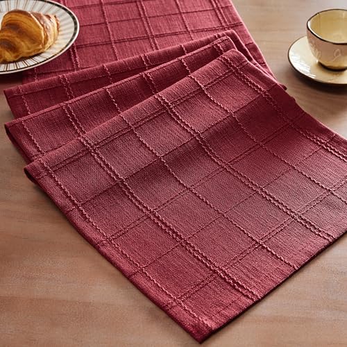 ZeeMart Linen Checked Farmhouse Table Runner, 13x36 Inches Burgundy