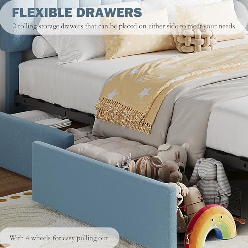 IDEALHOUSE Twin Bed Frame for Kids, Boucle Upholstered Platform Bed for Boys with 2 Flexible Drawers, Bookcase Headboard, Noise-Free, Easy Assembly, No Box Spring Needed, Blue
