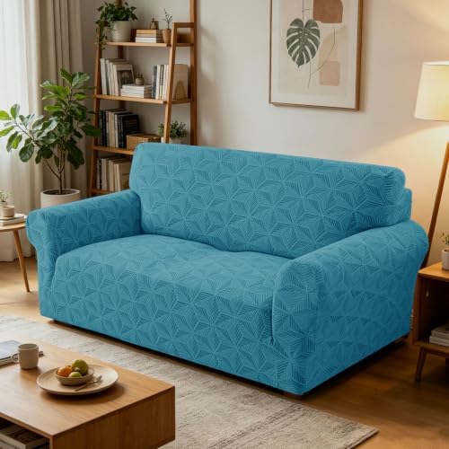 ZNSAYOTX Stretch Couch Cover, 1 Piece Sofa Covers for 2 Cushion Couch, Jacquard Loveseat Slipcovers with Elastic Bottom Thickened Furniture Protector for Dog Cat Pet (Medium, Peacock Blue)