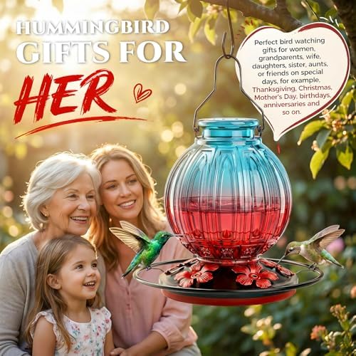 Glass Hummingbird Feeder for Outdoors Hanging, 26 fl oz Bird Nectar Feeder