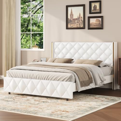 HOMBCK Bed Frame Full Size with Leather Headboard, Goldside Wingback, White