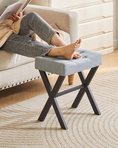 IBUYKE U-Shaped Linen Vanity Stool, X-Leg Makeup Chair, Blue Gray WBD018L