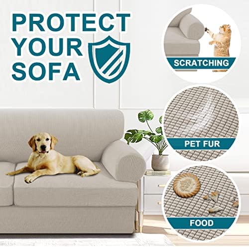 Turquoize 4 Piece T Cushion Sofa Slipcovers Stretch Couch Cover Furniture Covers with 3 Individual T Cushion Covers, Washable (3 Cushion Sofa,Island Fossi)