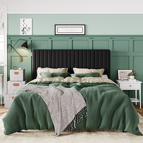 Allewie Queen Bed Frame, Velvet Upholstered Platform Bed with Vertical Channel Tufted Headboard, Mattress Foundation with Strong Wooden Slats, Box Spring Optional, Easy Assembly, Black