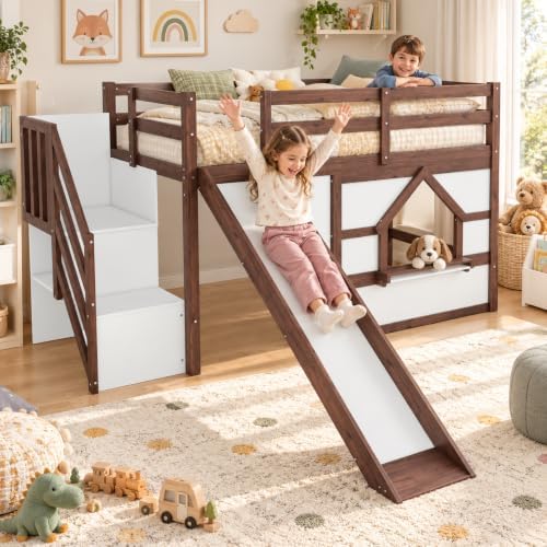 Twin Loft Bed with Slide for Kids, LED & Storage, Walnut White