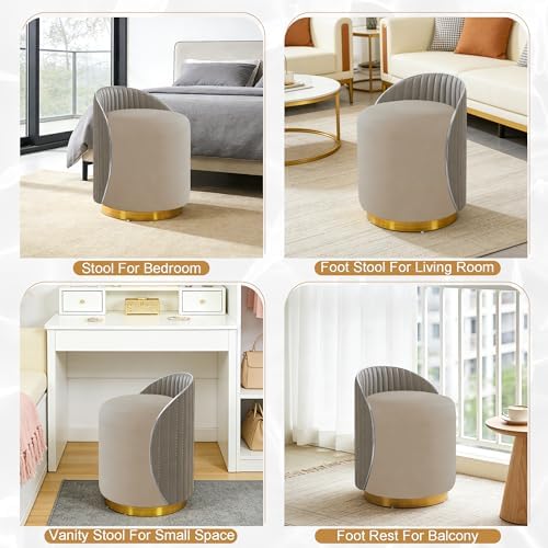 Vanity Chair with Back, Leather Vanity Stool - 360° Swivel Makeup Chair, No Assembly Upholstered Comfy Makeup Stool Ottoman for Bedroom, Dressing Room, Living Room, Grey