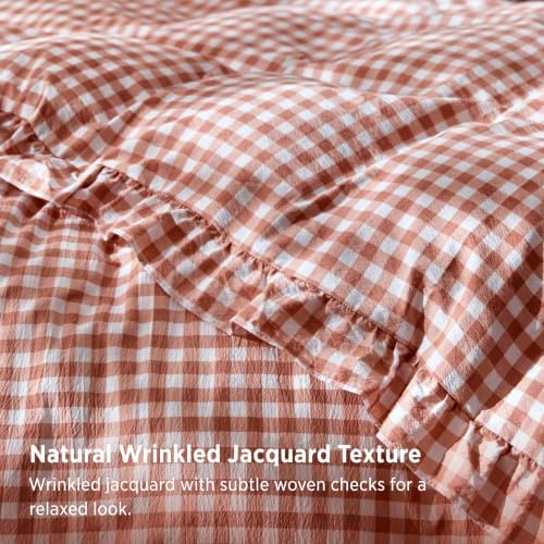 Bedsure Gingham Ruffle Duvet Cover Set, Queen, Cotton-Like Bed, Terracotta