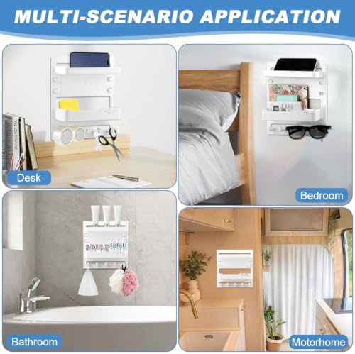 Bedside Wall Shelf, Adhesive Floating Shelves Dorm Decor with 5 Hooks