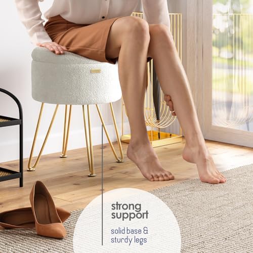 Round Ottoman with Storage, Boucle Storage Ottoman, Foot Stool Ottomans, Makeup Vanity Stool, Small Ottomans Foot Rest, Modern Vanity Stools for Living Room and Bedroom, Cream