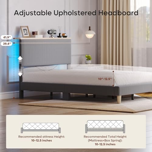Bestier Queen Size Bed Frame with Headboard Shelf & LED, Upholstered, Grey