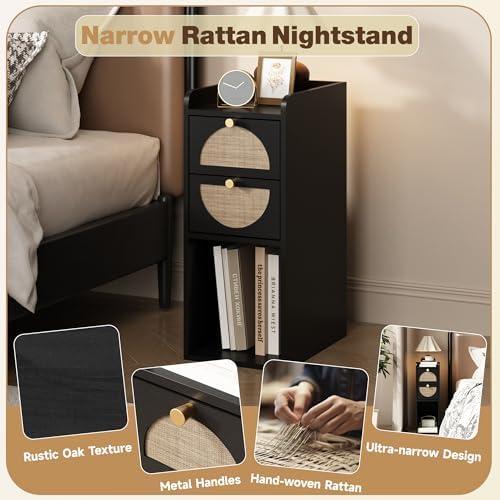 Narrow Nightstand (Rattan & Wood) - Small Bedside Table with 2 Drawers, Open Shelf, Mid Century Modern End Table - for Bedroom, Living Room & Small Spaces, Black