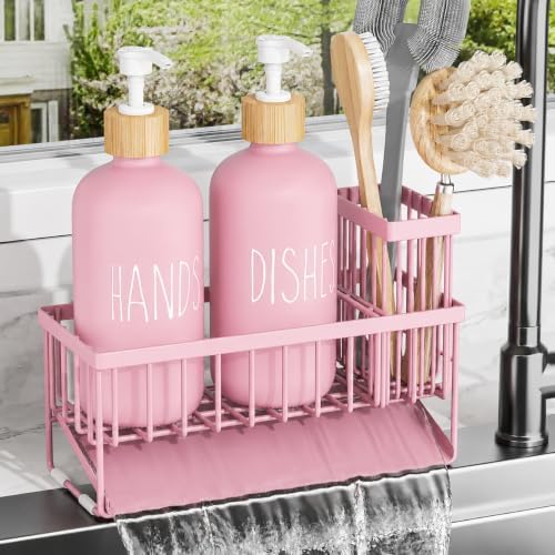 Cisily Kitchen Dish Soap Dispenser Set with 2 Pack 16.9oz Amber Glass Bottle and Sponge Holder, Dish Soap Dispensers with Adjustable Sponge Holder, Vintage Hand and Dish Soap Dispensers Set
