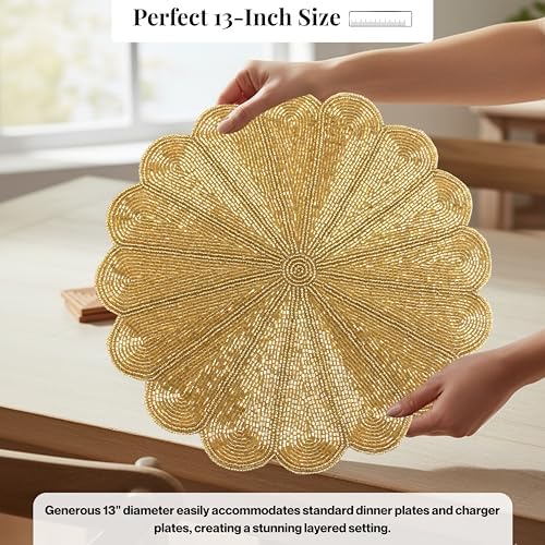 ALPHA Living HOME Beaded Placemats Set of 2, 13 Inch Round Gold Table Mats