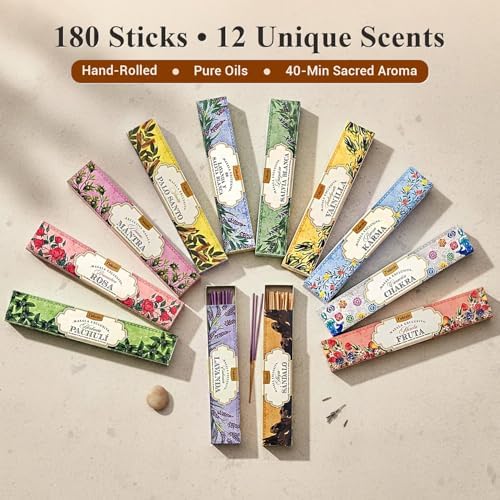 Tulasi Natural Incense Sticks Assorted/Variety Pack – 180 Hand-Rolled Sticks, 12 Fragrances | Lavender, White Sage, Sandalwood, Palo Santo, Rose | Aromatherapy & Meditation