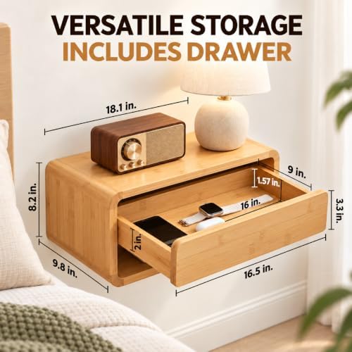Bamboo Floating Nightstand with Storage Drawer for Living Room Office