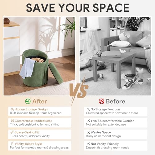 Storage Vanity Stool with Gold Base Comfy Vanity Chair Modern Round Stool for Makeup Vanity Ottoman Foot Rest for Bedroom livingroom, Green