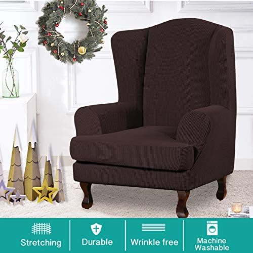 Turquoize Wingback Chair Covers 2 Piece Wing Chair Slipcover Stretch Slipcovers for Wingback Chairs Wing Chair Cover Spandex Jacquard Fabric with Elastic Bottom Non-Slip Furniture Cover, Brown