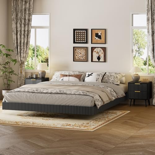 LYNSOM 3 Pieces King Bedroom Set, Floating Bed Frame with Smart LED Lights & Nightstand Set of 2, Fluted Bedroom Furniture Set for Home, Bedroom, Black