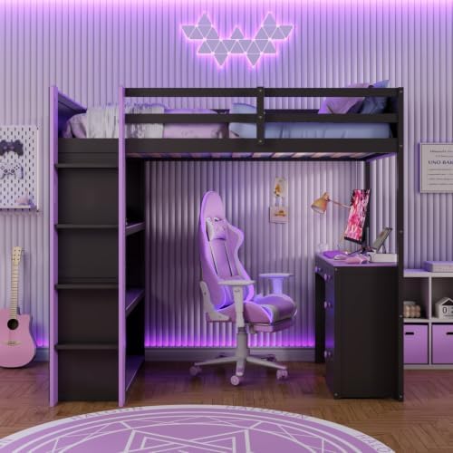 LUMISOL Twin Gaming Loft Bed with Desk and Storage Shelves, Solid Wood Loft Bed with Drawers and Computer Desk for Teens, Space Saving High Loft Bed Frame for Kids Bedroom Purple
