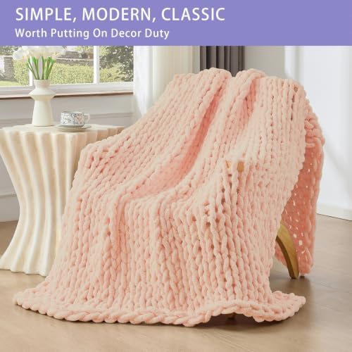 Bigacogo Chunky Knit Throw Blanket for Couch, 51x63 inches, Peach Fuzz
