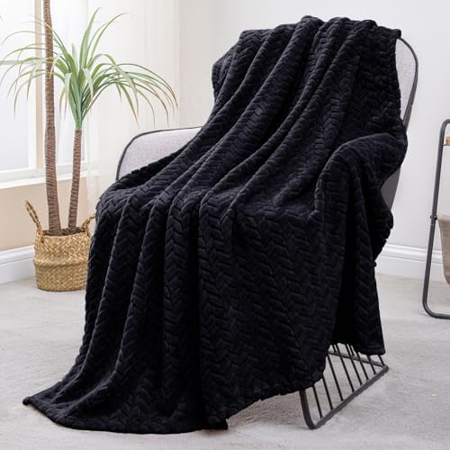 Exclusivo Mezcla Fleece Throw Blanket for Couch Sofa, 50”x70”, Black