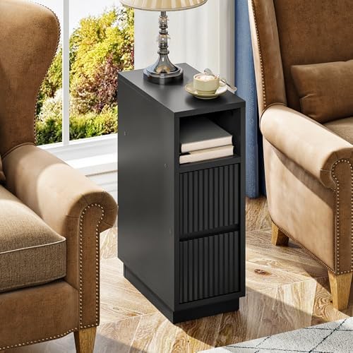 CHOEZON 8.7" Narrow Fluted Nightstand, Small Bedside Table with Drawers, Skinny Side Table, Modern Nightstand with 1 Semi-Open Shelf, Floating End Table, for Living Room, Bedroom, Black MBZ12BB