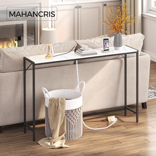 MAHANCRIS Narrow Console Table, 43.7" Sofa Table with Outlets, Marble&Black