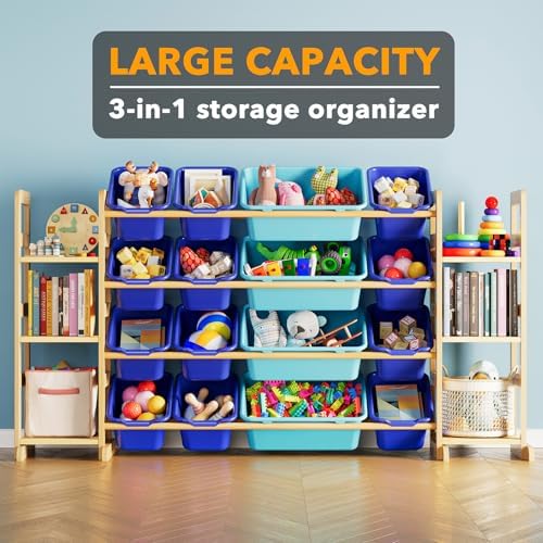 SpaceAid Toy Storage Organizer With 6 Shelves And 16 Bins, Modern Style Toy Organizers Storage Bookshelf For Kids Bedroom Playroom Organization Room Decor, Blue And Navy Blue