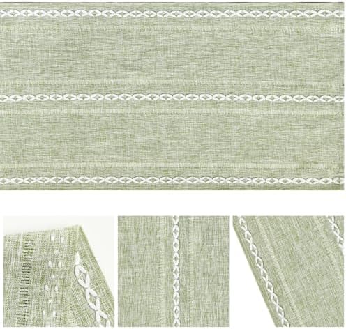 Artoid Mode Sage Green Rustic Cotton Linen Table Runner, Seasonal Embroidered Hollow Kitchen Dining Table Decoration for Home Party Decor 13x72 Inch