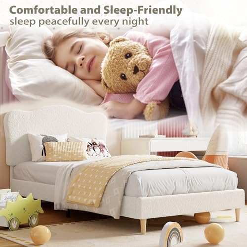 Garvee Upholstered Twin Size Bed Frame for Kids with Scallop Headboard, Cute Velvet Twin Bed for Girls, Boys, Sturdy Platform Bed, No Box Spring Needed, Wooden Slats, Noise Free, Beige