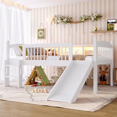 Bellemave Twin Loft Bed with Slide and Ladders, Solid Wood Low Loft Bed with Storage Shelves and LED Lights, Loftbed Frame for Kids, Boys, Girls, Childlike and No Box Spring Needed Design, White