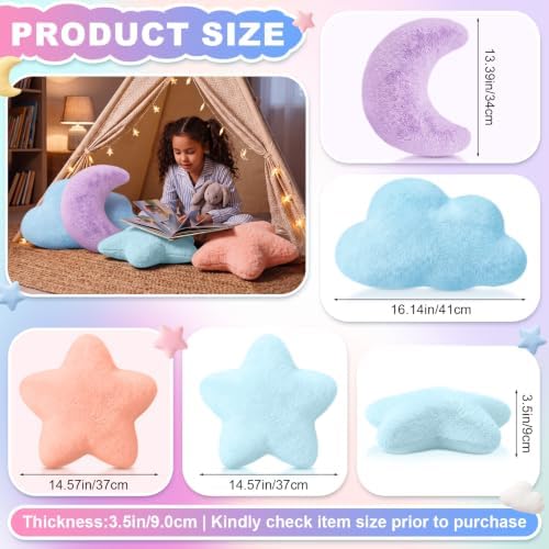 4 Pcs Plush Cloud Star Moon Throw Pillow Set, Purple, Blue, Mint, Orange