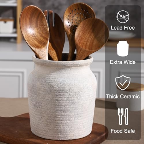 Ceramic Farmhouse Kitchen Utensil Holder for Countertop, Rustic Cooking Utensil Holder Crock Fit for Kitchen Counter. 6*6*6.7 IN