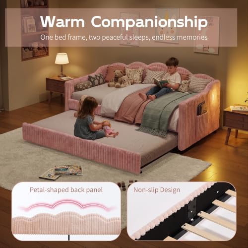Twin Faux Fur Upholstered Daybed with Trundle, Side Pockets, Light Gray