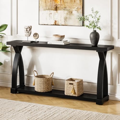 Solid Wood Console Table for Entryway, 63-Inch Narrow Farmhouse Couch Table Behind Sofa with 2-Tier Storage for Entrance, Foyer, Living Room, Long, Black (Black)