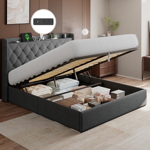 GalnFu Full Size Bed Frame with Storage, Upholstered Full Lift up Storage Bed Frame with Charging Station, Button Tufted Headboard, No Box Spring Needed, Easy Assembly, Noise Free, Dark Gray