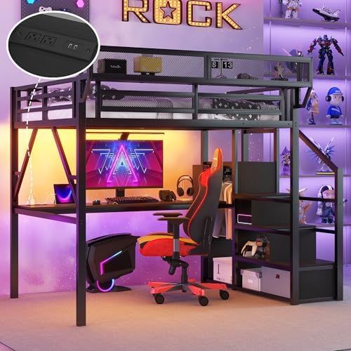 Full Size Metal Loft Bed Frame with Desk, Staircase, Built-in Storage Shelves and Wardrobe, Modern Loft Bed with Solid Slats, Guardrail, No Box Spring Required, Easy Assembly, for Bedroom, Black