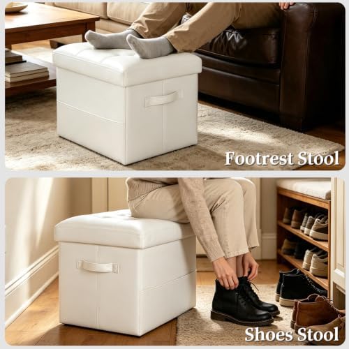 Ottoman with Storage. Folding Foot Stool with Thick Foam Padded Seat, White